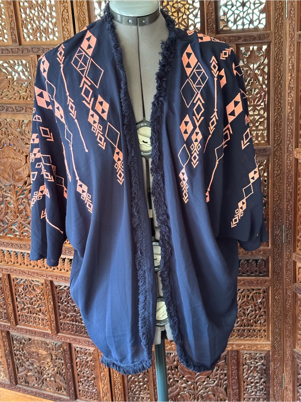 Jolt Navy Open-Front Kimono with Peach Geometric Embroidery
